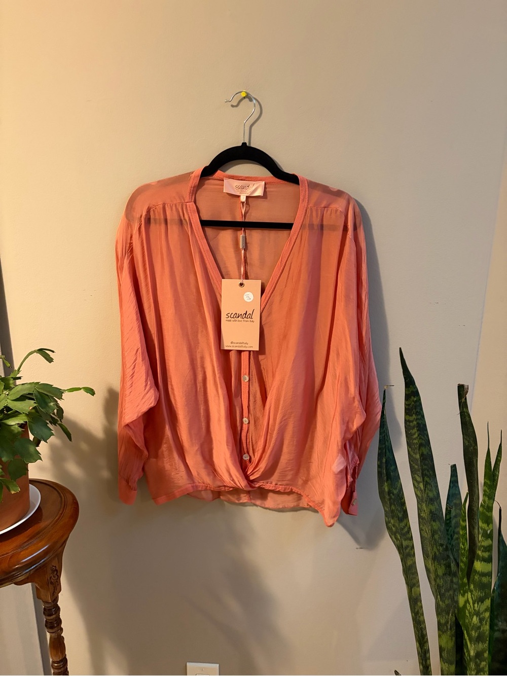 Coral Button-Front V-Neck Women's Top